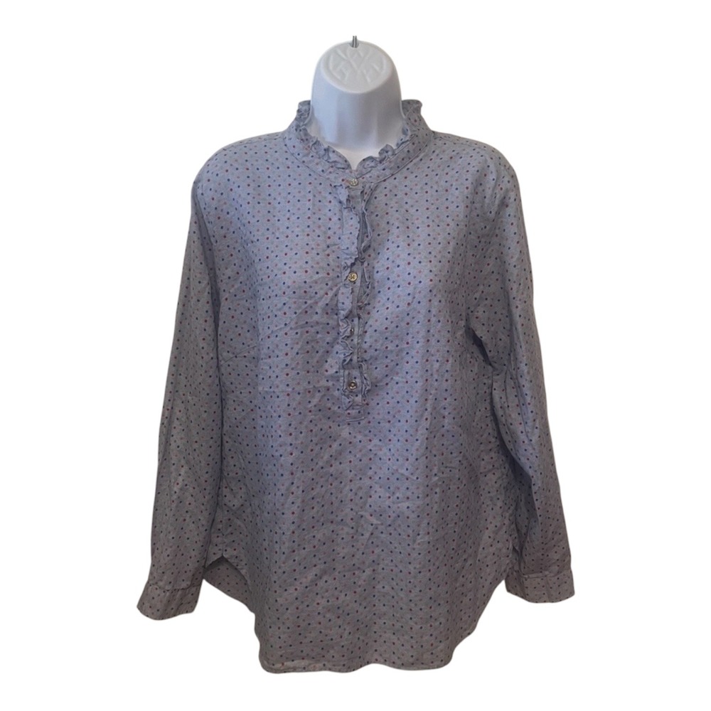 Talbots Womens Blue Polka Dot Ruffle Collar Long Sleeve Popover Blouse Size‎ L